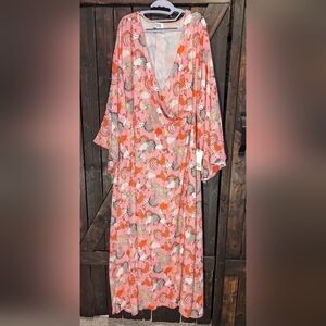 Unique Vintage Coral Pink & Orange Floral Maxi Dress